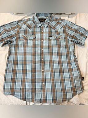 Howler Brothers Light Blue & Brown Plaid Western Snap Shirt - MEDIUM